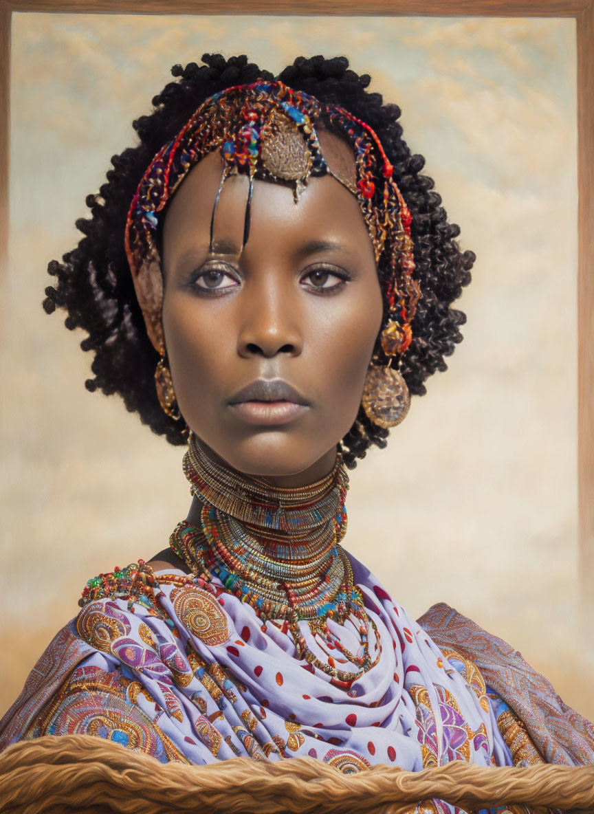 Woman in Vibrant Garment with Beaded Jewelry and Headpiece