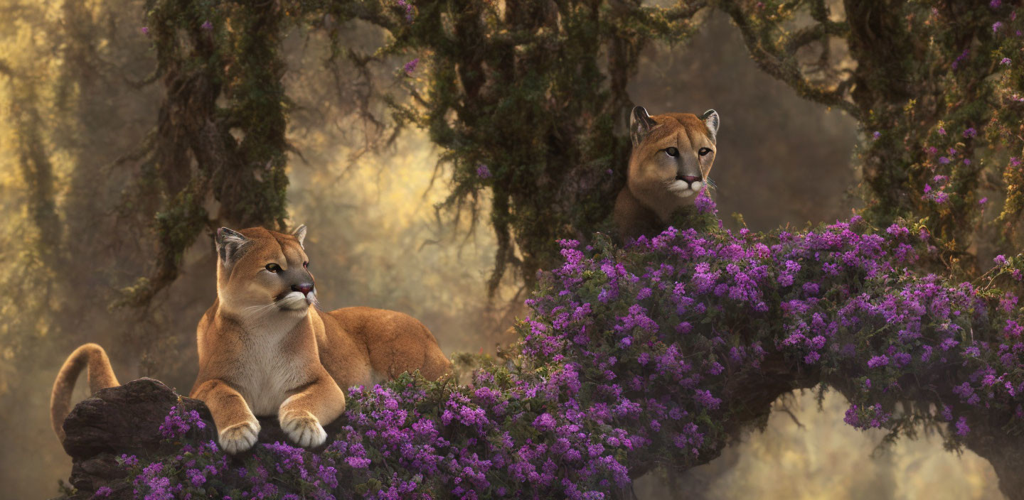 Pair of pumas resting on mossy branch in forest ambiance