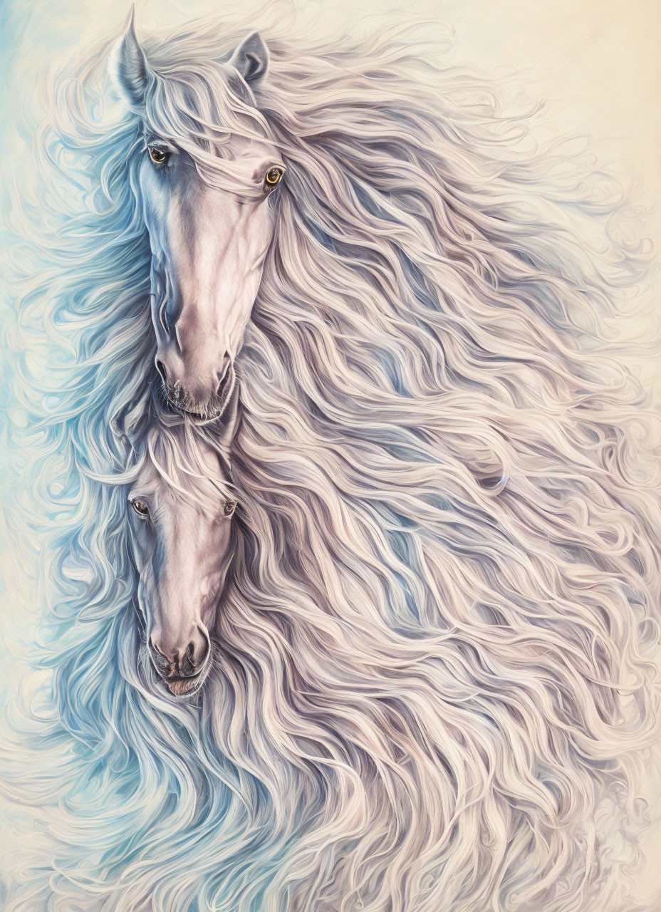 Interwoven horses with flowing manes in dreamlike pastel colors