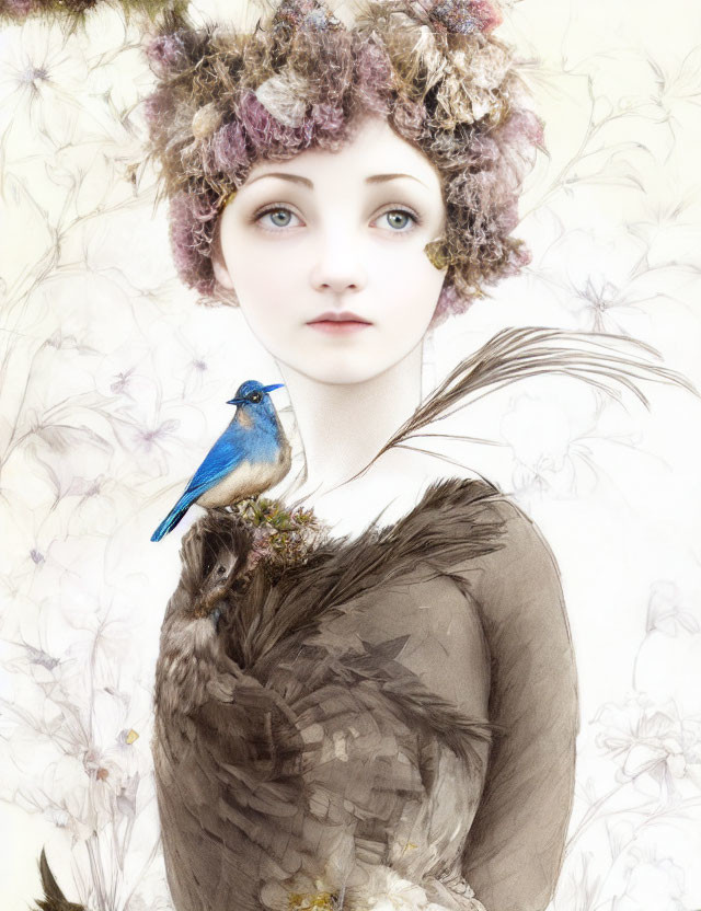 Surreal portrait of woman with feathered details and bluebird among delicate flora