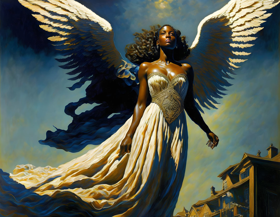 Golden-winged angel in flowing attire against blue sky