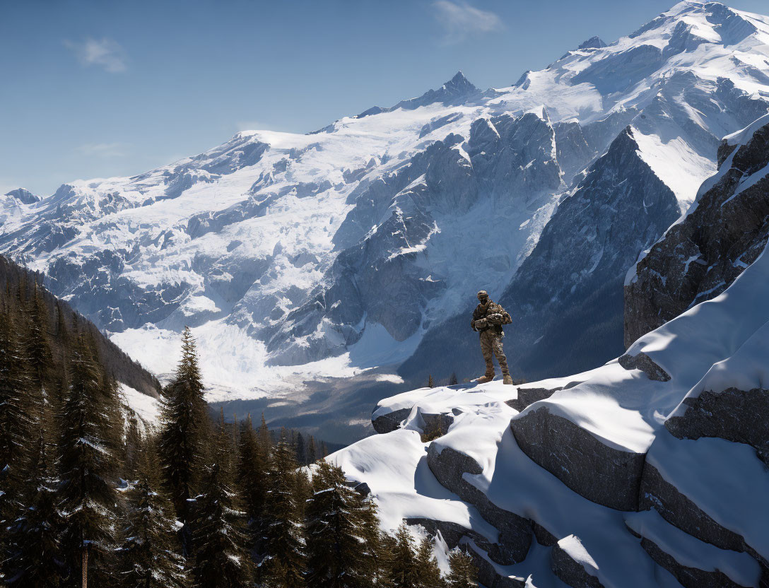 Camouflaged person on rocky outcrop gazes at snowy mountain range