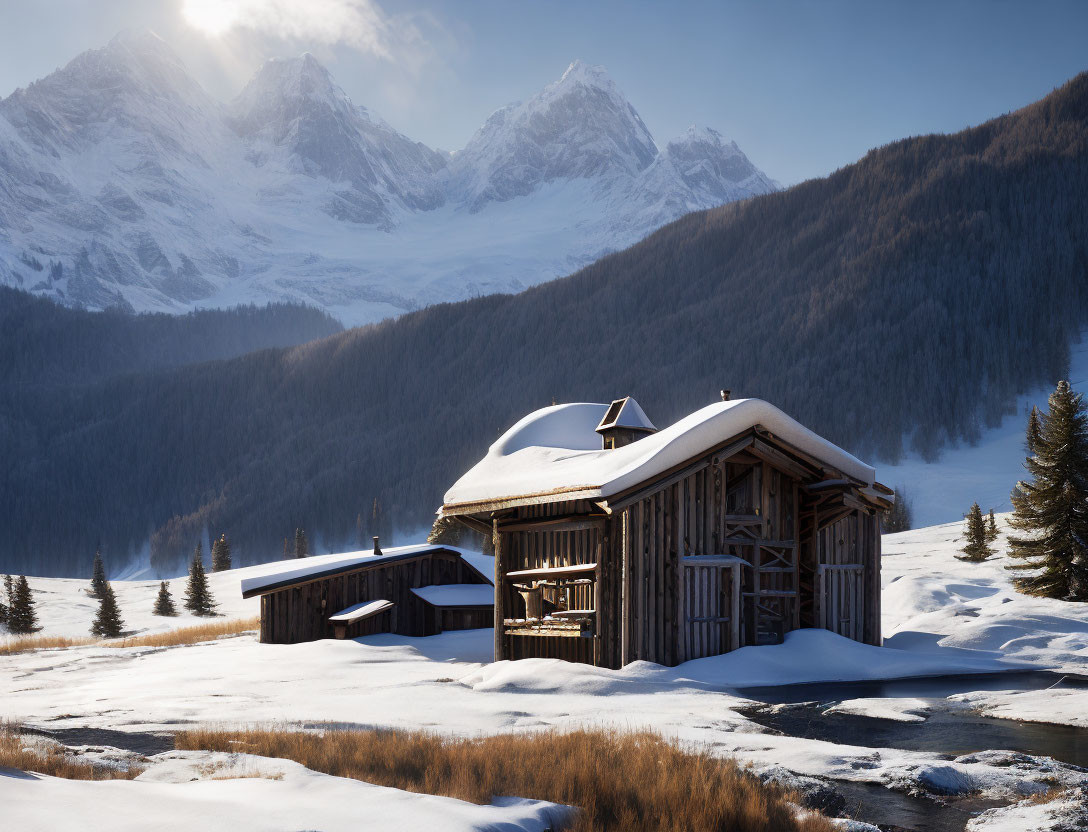 Snowy cabin nestled among winter landscape.