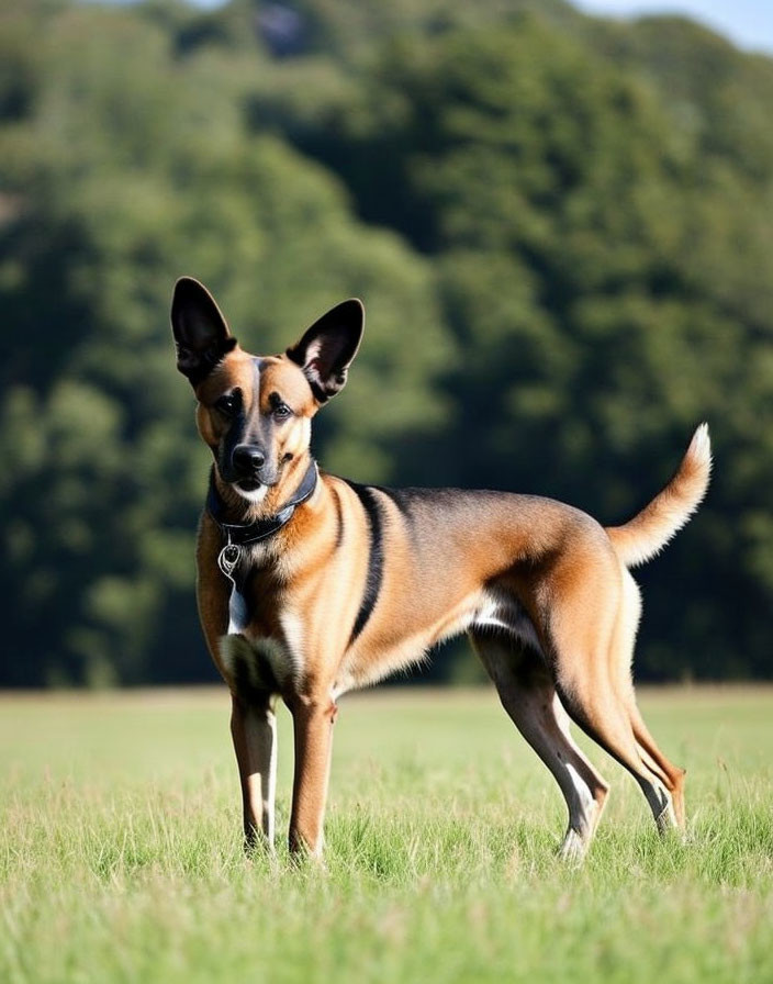 Brown dog with large ears on grass, trees in background