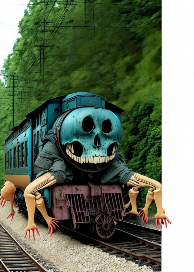 Surreal train illustration with giant skull front car and human arms wheels