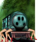 Surreal train illustration with giant skull front car and human arms wheels