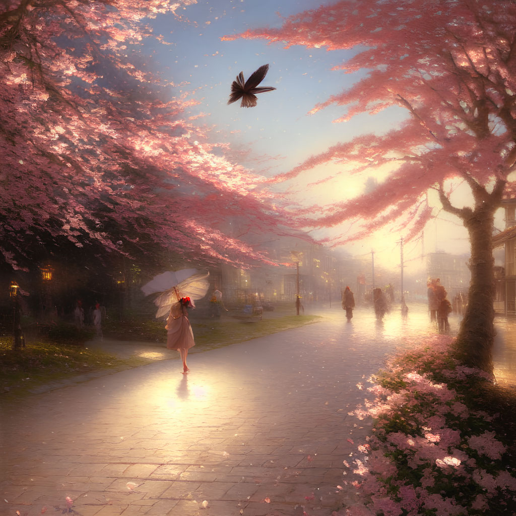 Tranquil woman with umbrella under falling cherry blossoms and bird in warm light