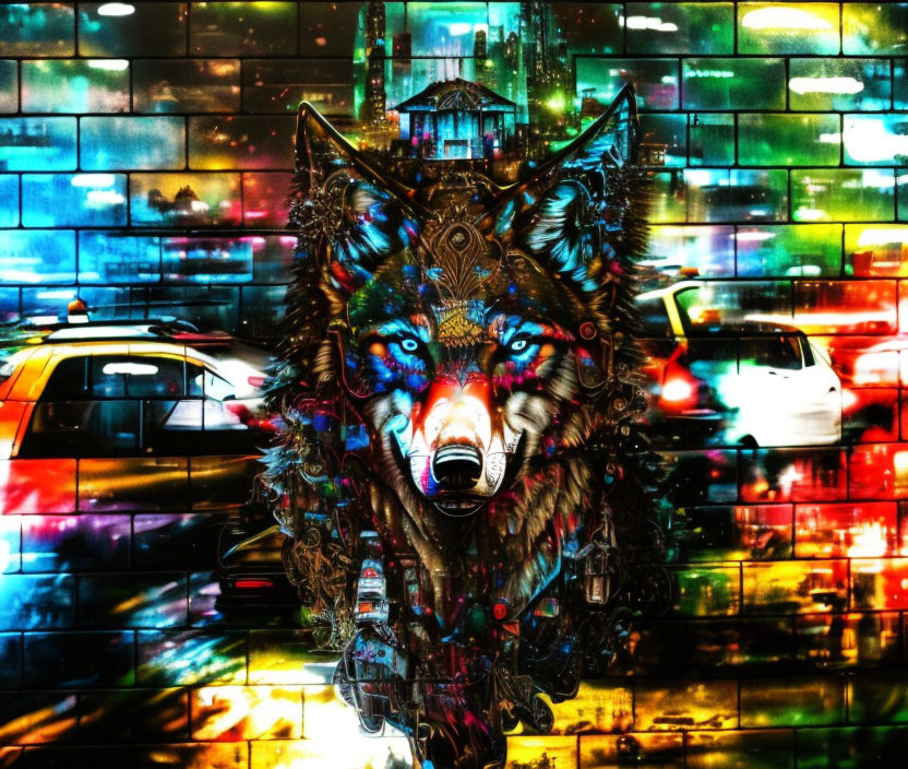 Multicolored wolf with intricate patterns in neon-lit cityscape.