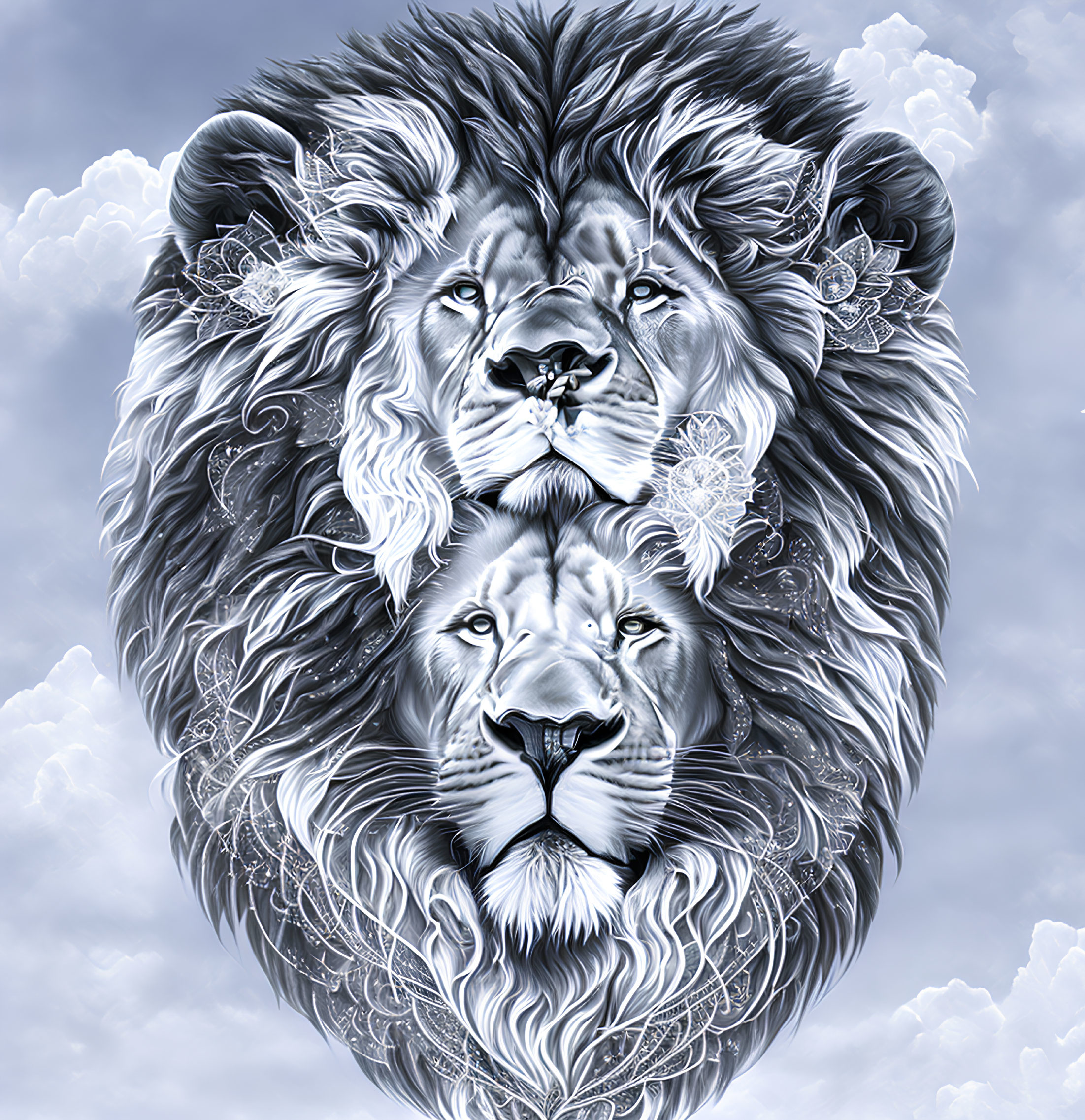 Monochromatic digital artwork: Two lions with floral patterns in manes on clouded sky.