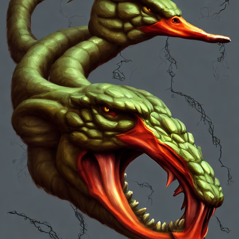 Two-headed serpent with fangs on gray background