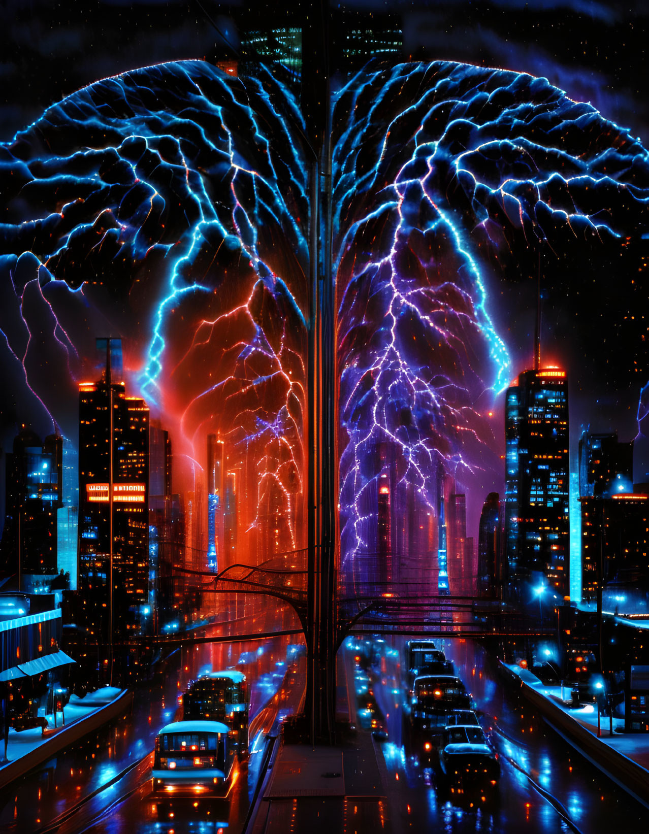 Futuristic sci-fi cityscape with neon lights and electrical tree-like discharges