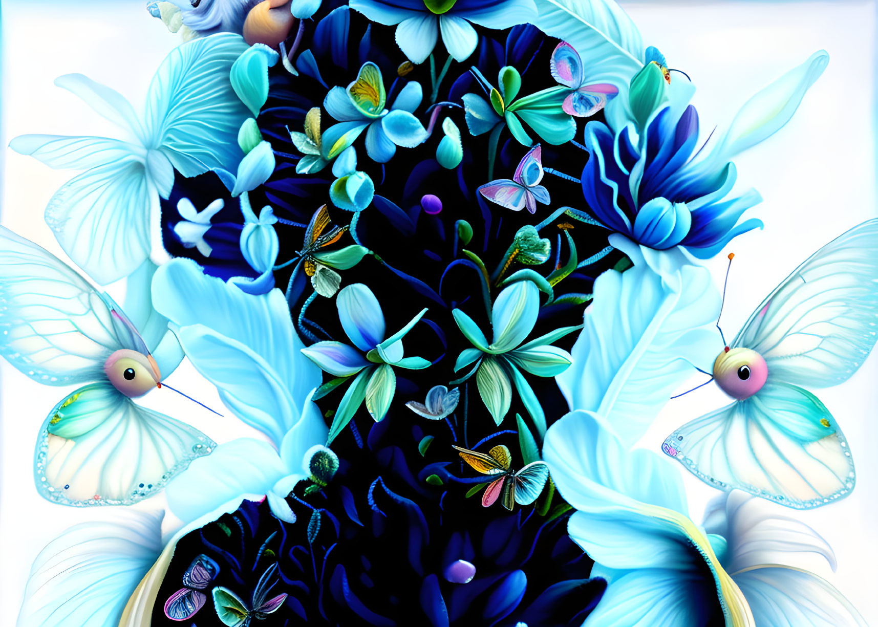 Colorful digital artwork: Blue and turquoise butterflies around a dark flower-like void