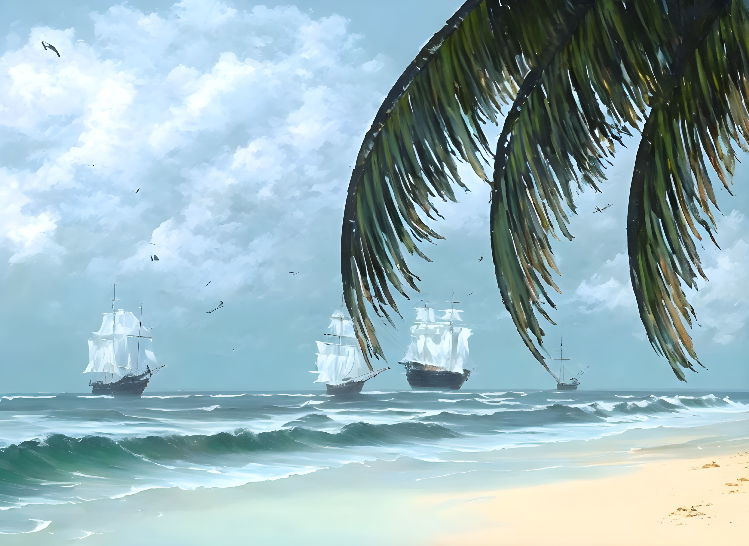 Tranquil beach scene with palm fronds and tall ships on rough sea waves