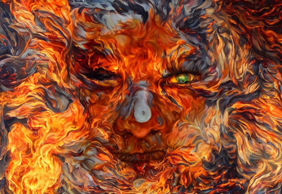 Vivid fiery face emerging from swirling flames