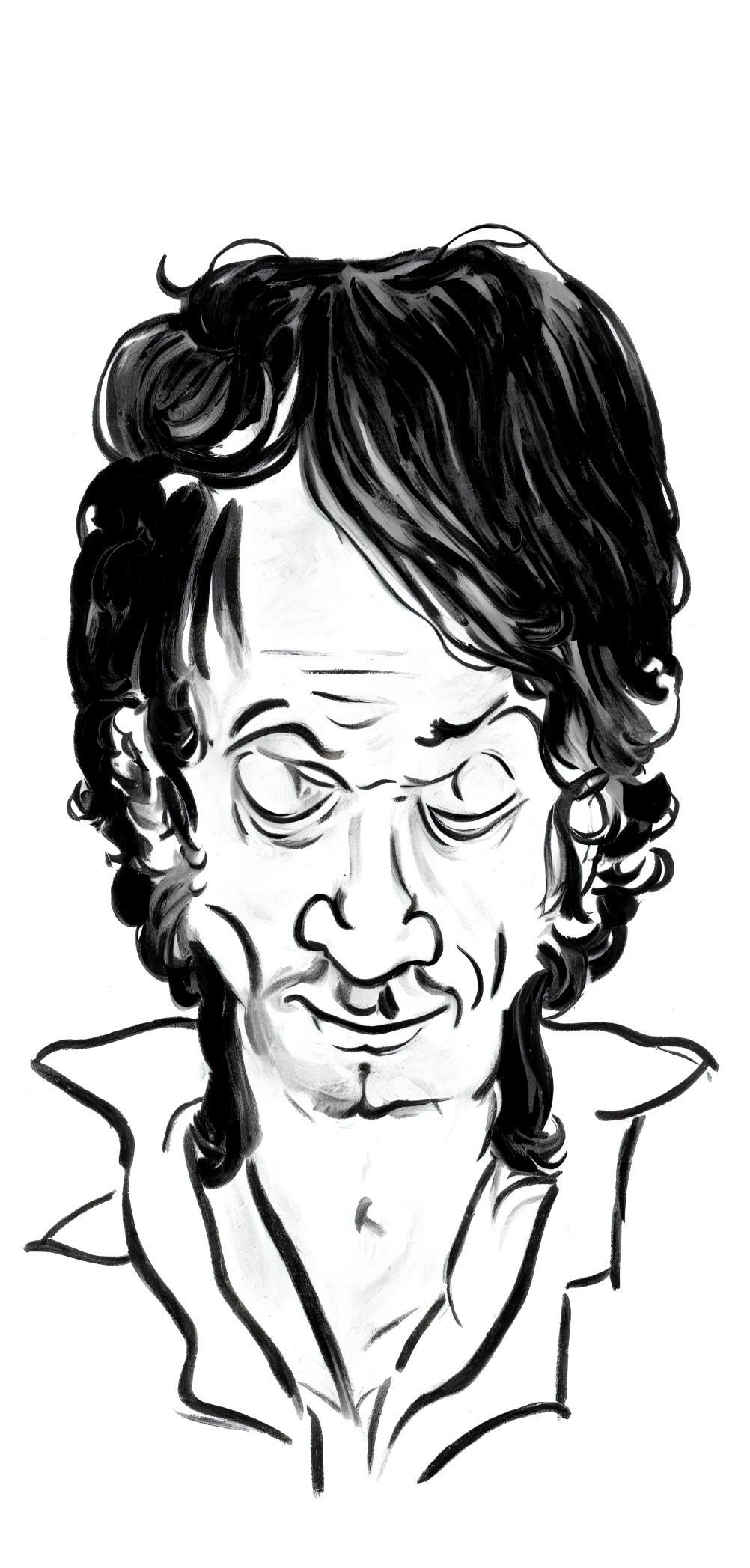 Monochrome caricature featuring person with curly hair, expressive eyes, and distinctive nose wearing collared shirt