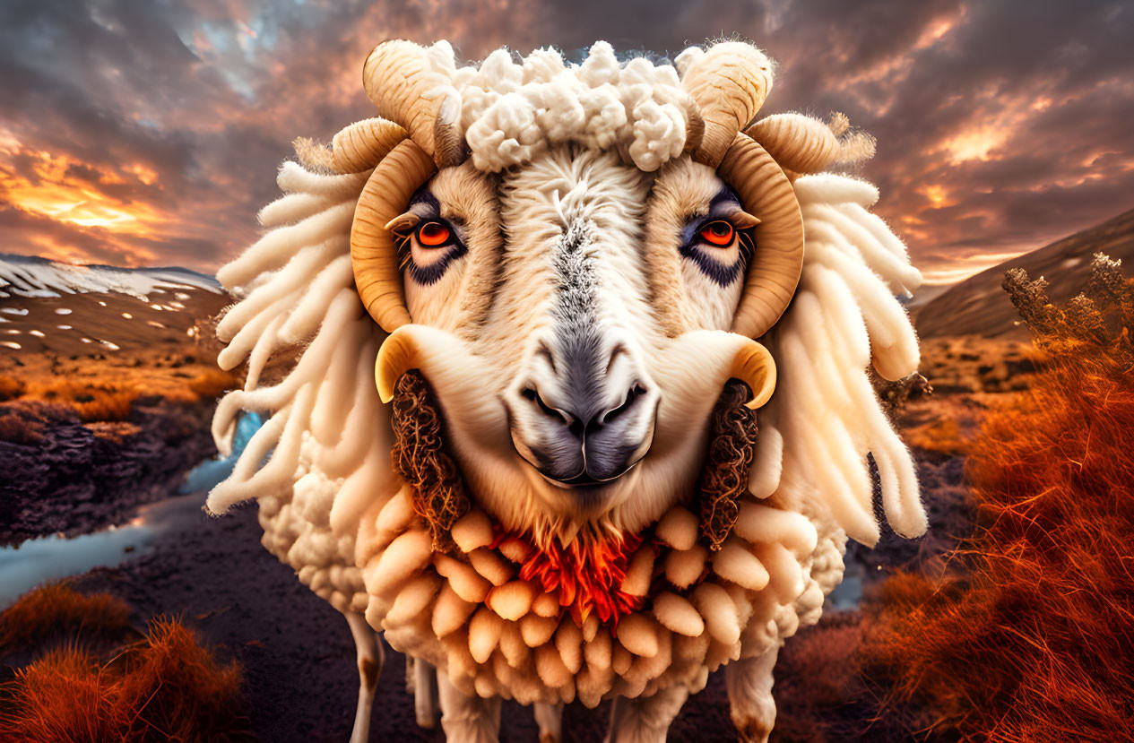 Detailed surreal sheep with intense blue eyes in dramatic landscape