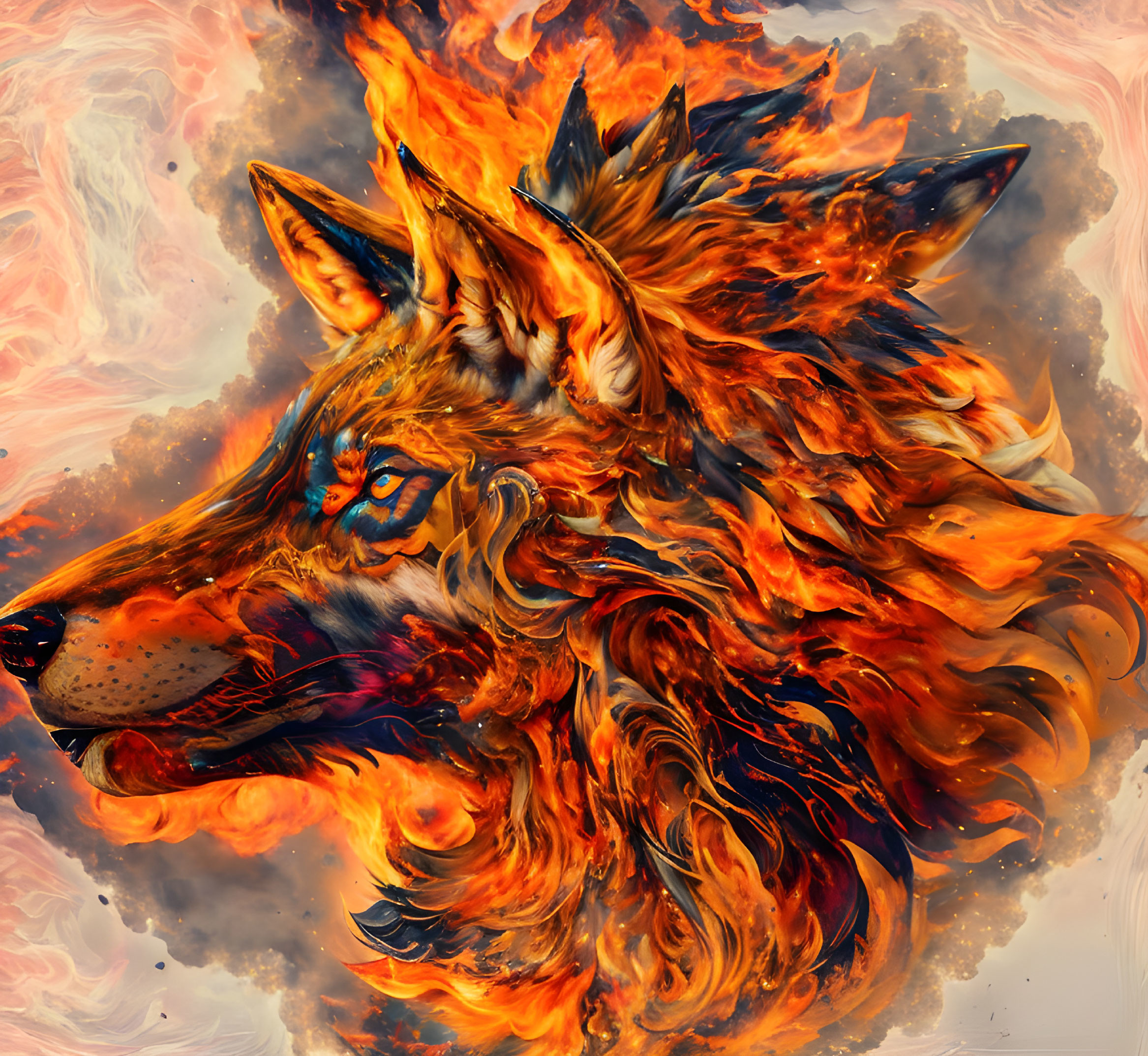 Colorful wolf illustration with fiery fur and blue eyes in swirling smoke