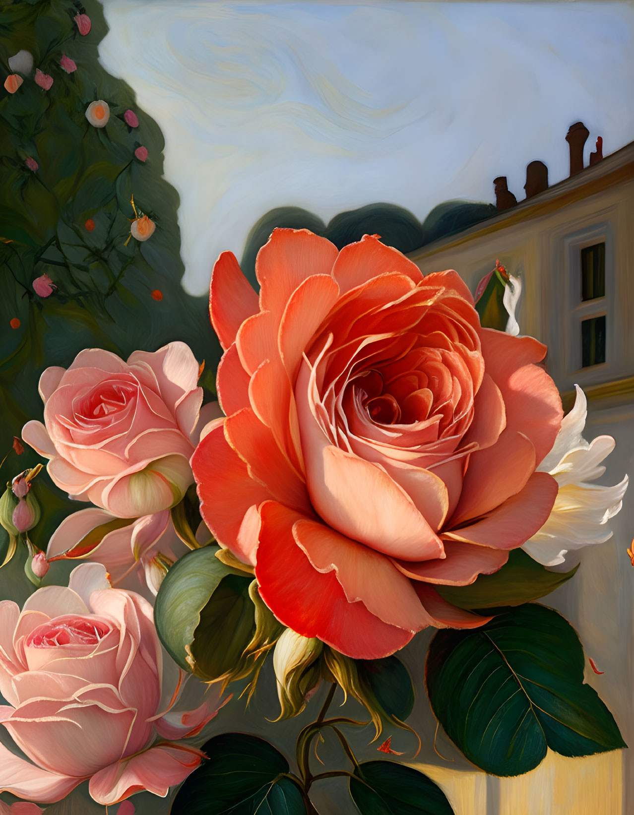 Large pink roses painting with green leaves on a pale sky background