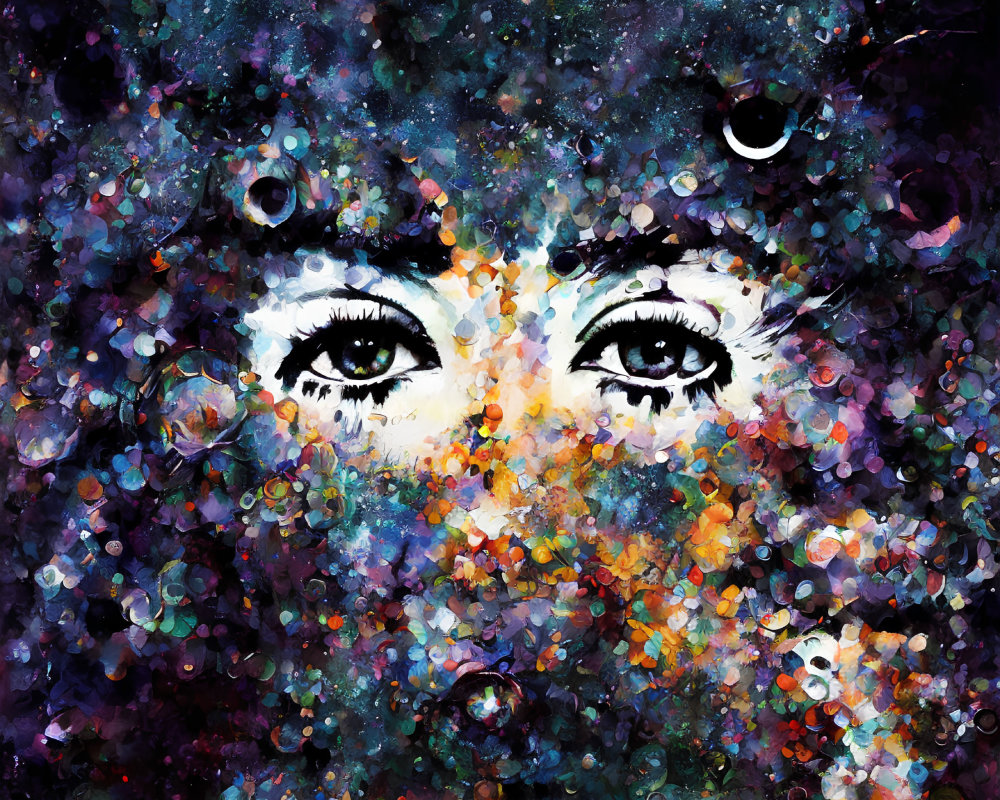 Colorful cosmic portrait of a woman with striking eyes in vibrant circles.