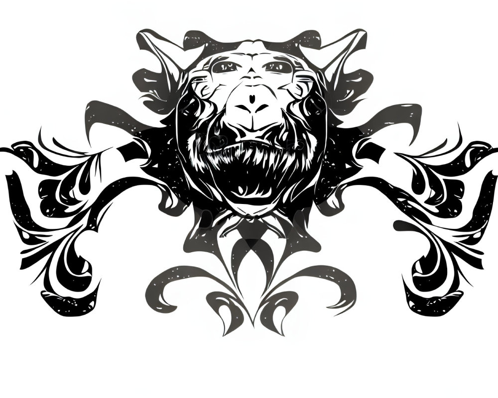 Symmetrical black and white lion head with tribal patterns