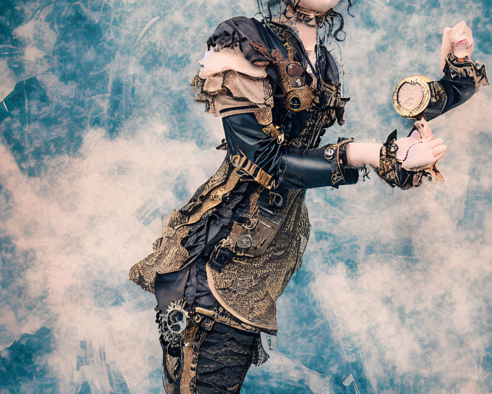 Steampunk-inspired person in top hat and goggles on blue background