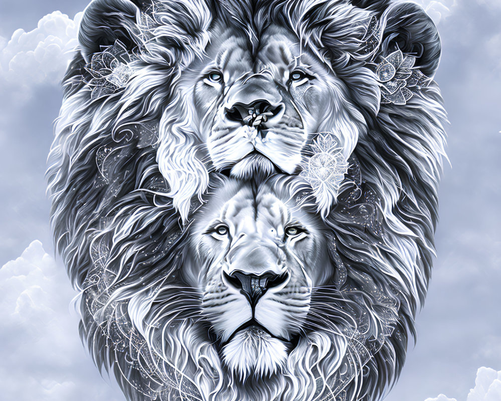 Monochromatic digital artwork: Two lions with floral patterns in manes on clouded sky.