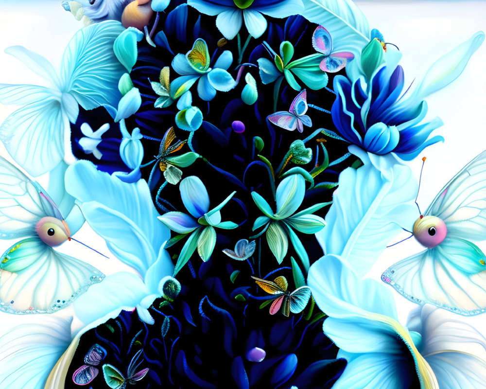 Colorful digital artwork: Blue and turquoise butterflies around a dark flower-like void