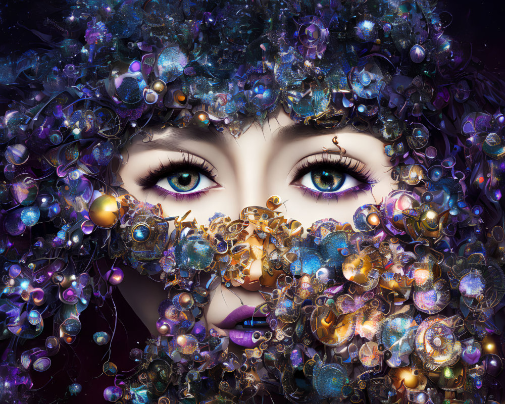 Surreal Female Face with Cosmic Elements and Mechanical Gears in Vibrant Setting