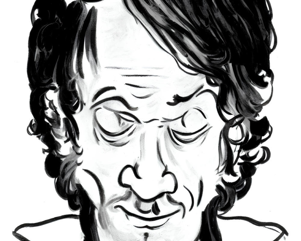 Monochrome caricature featuring person with curly hair, expressive eyes, and distinctive nose wearing collared shirt