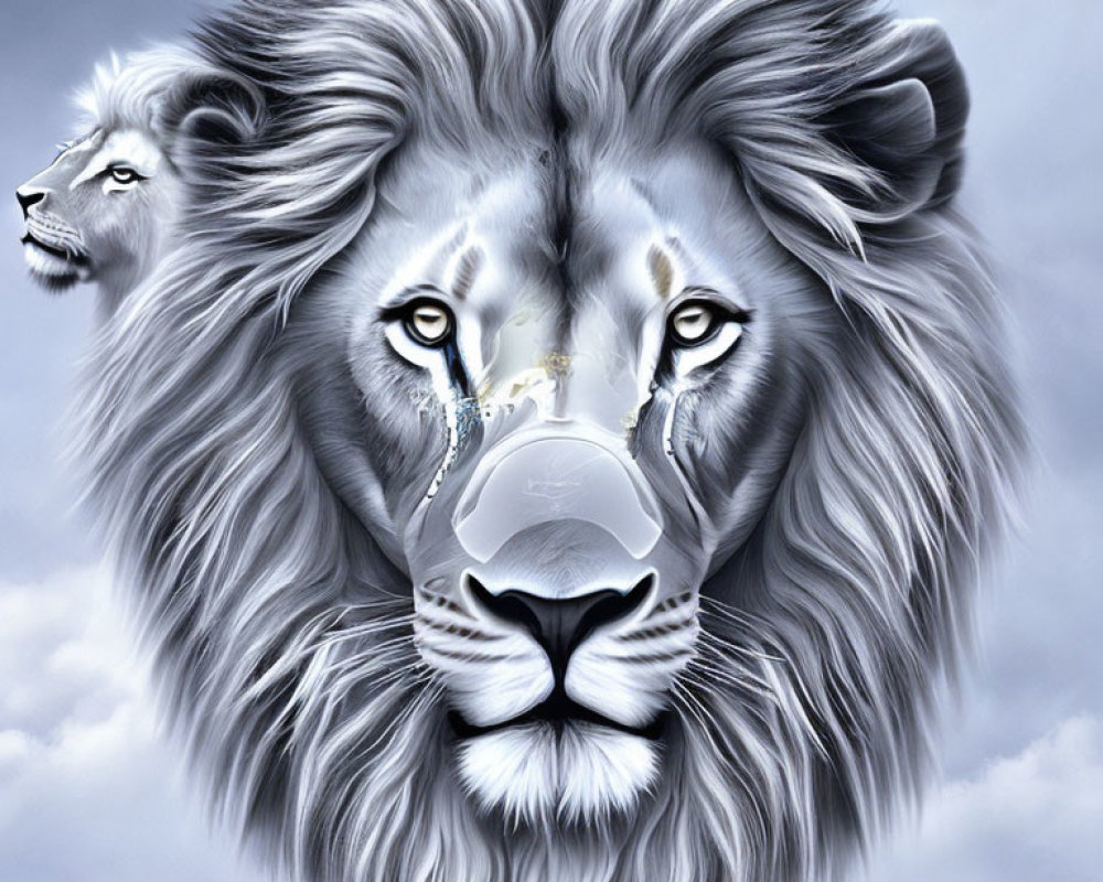 Digital artwork featuring lion's face with stormy sky and smaller lion's face in fur pattern against cloudy