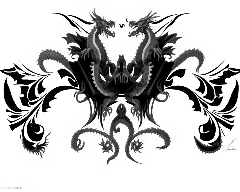 Symmetrical grayscale illustration of intertwined dragons with ornate wings