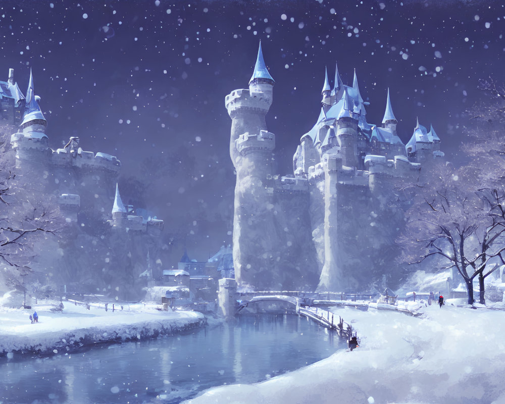 Snow-covered castle with spires under starry sky in wintery landscape