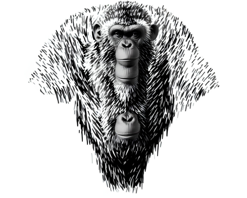 Detailed Gorilla Upper Body and Face Illustration in Bold Black and White Strokes