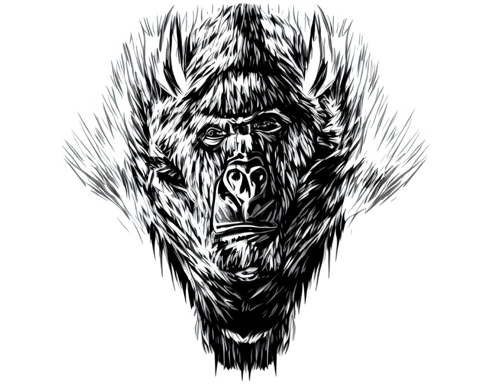 Monochromatic gorilla face illustration with intense gaze