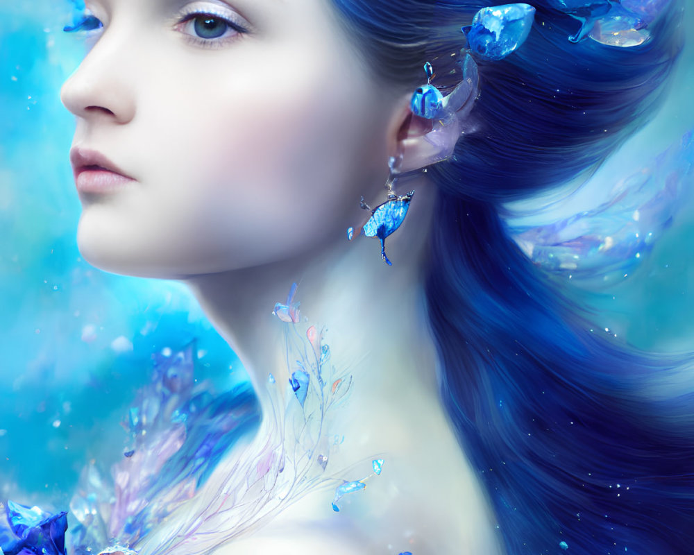 Fantasy portrait featuring person with blue hair and crystal butterflies