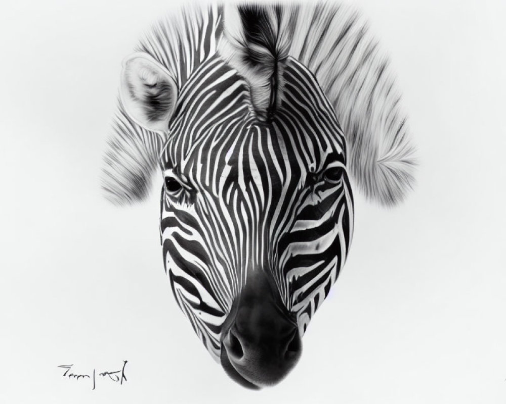 Monochrome zebra face with distinct stripes, eyes, nose, and mane on white background