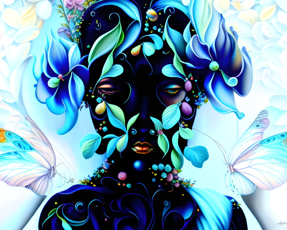 Colorful Digital Artwork of Woman with Flowers and Butterflies