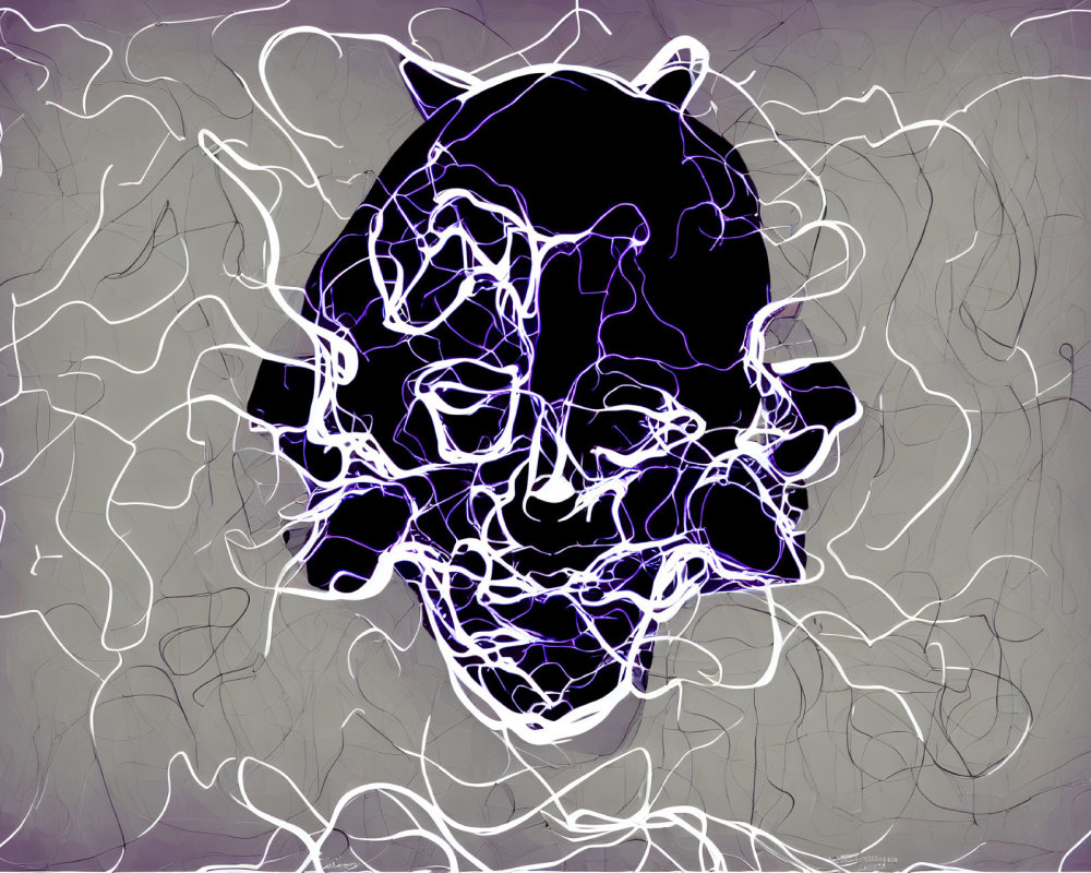 Neon purple skull outline on gray background with white squiggly lines