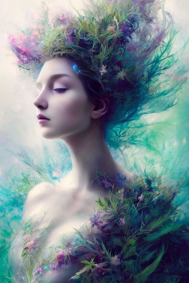 Woman with Floral Hair in Ethereal Blue and Green Background