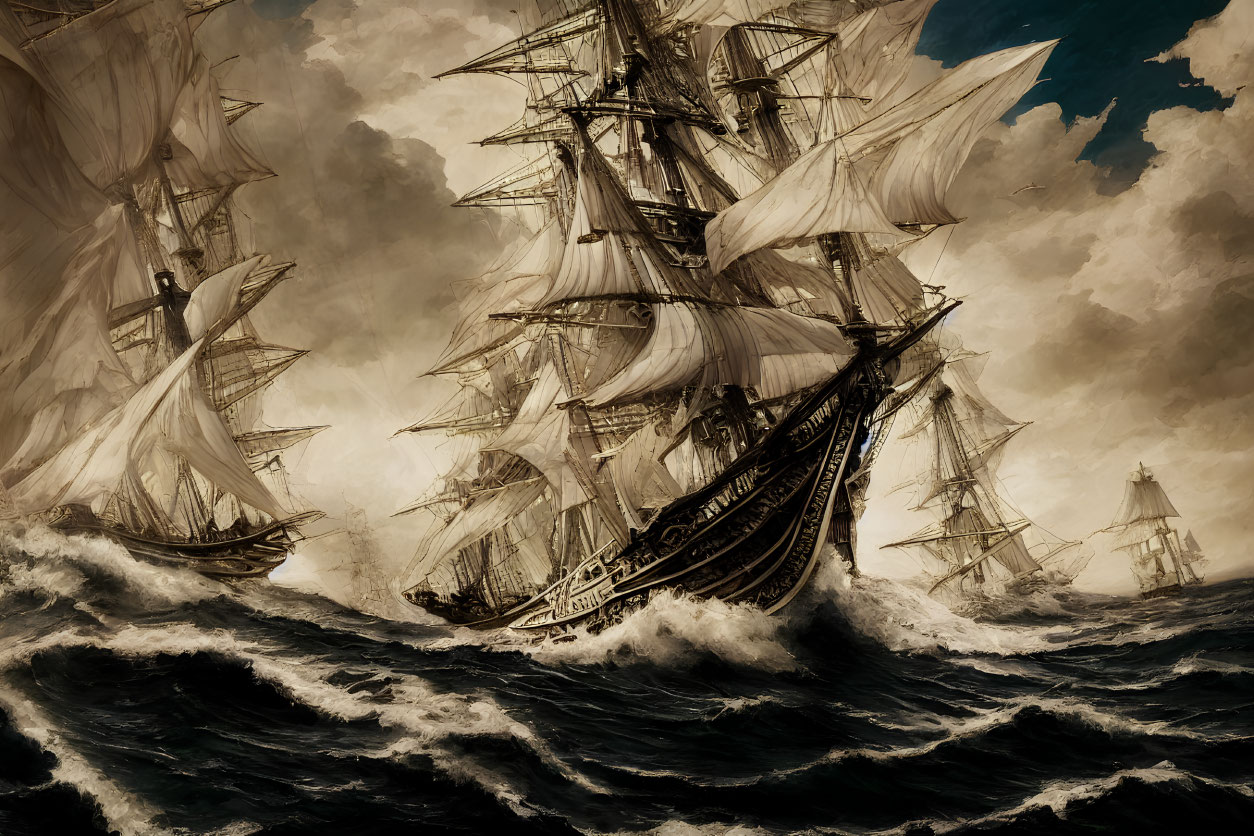 Tall ships sailing through stormy seas with billowing sails