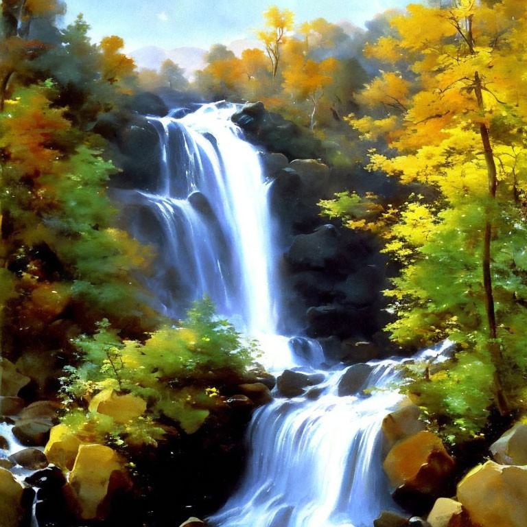 Tranquil waterfall in autumn forest with vibrant foliage