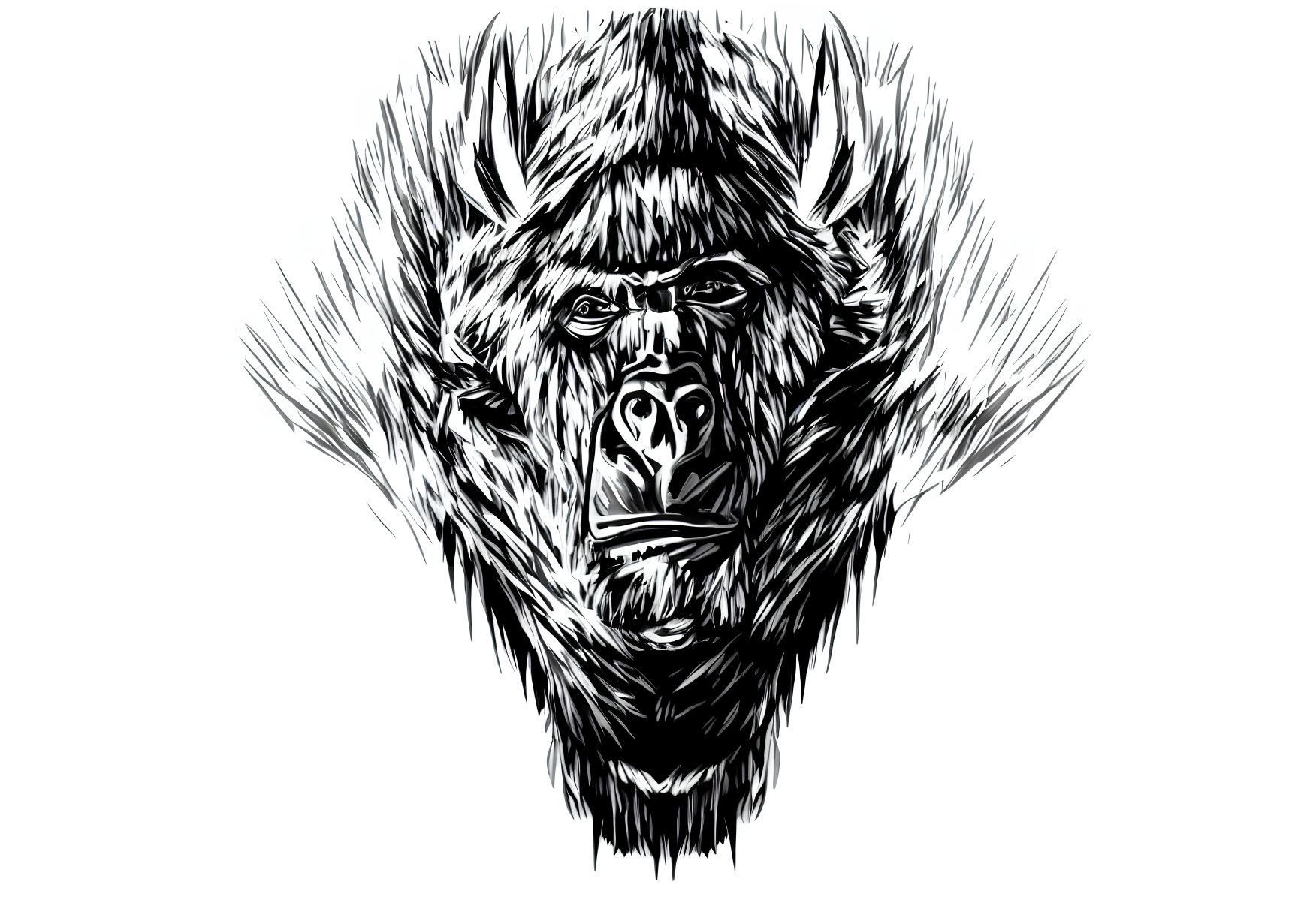 Monochromatic gorilla face illustration with intense gaze