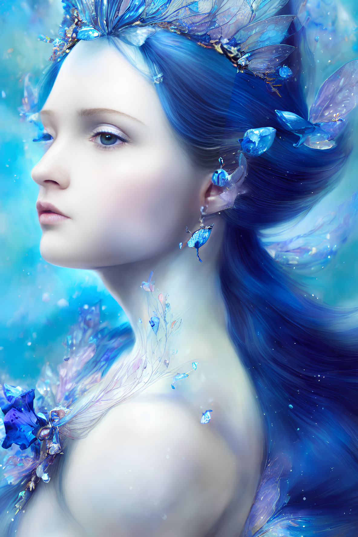 Fantasy portrait featuring person with blue hair and crystal butterflies