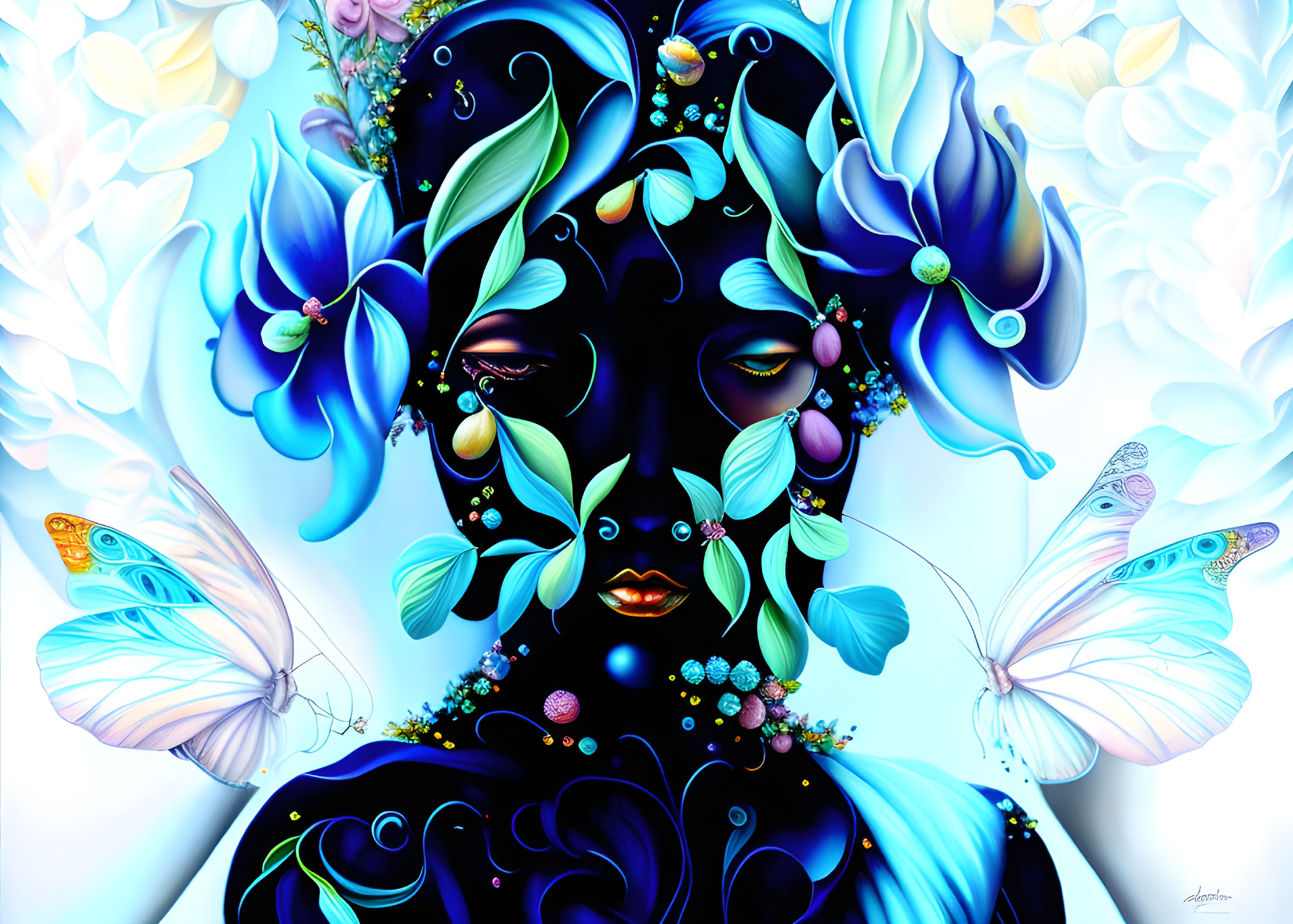 Colorful Digital Artwork of Woman with Flowers and Butterflies