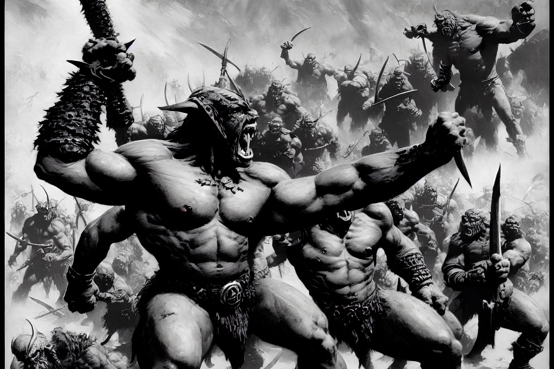 Monochrome illustration of orc-like creatures in battle