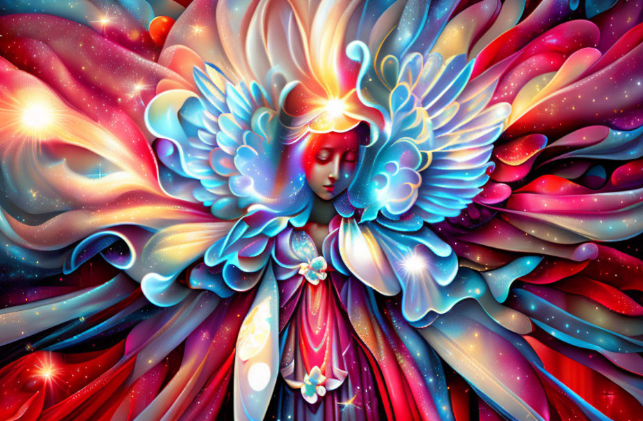 Colorful psychedelic angel with multiple wings and halo against vibrant backdrop