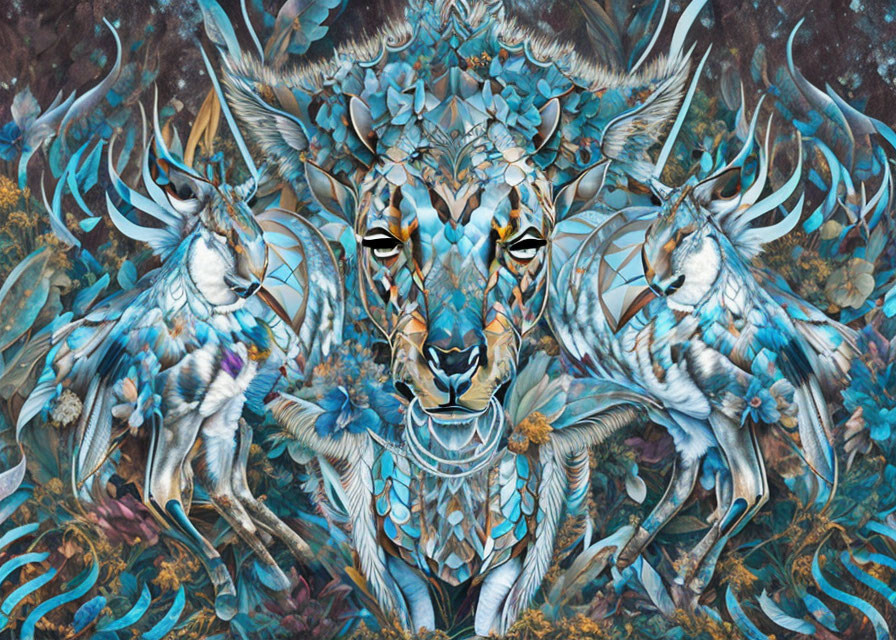 Symmetrical lion's face with mirrored wolves in colorful floral design