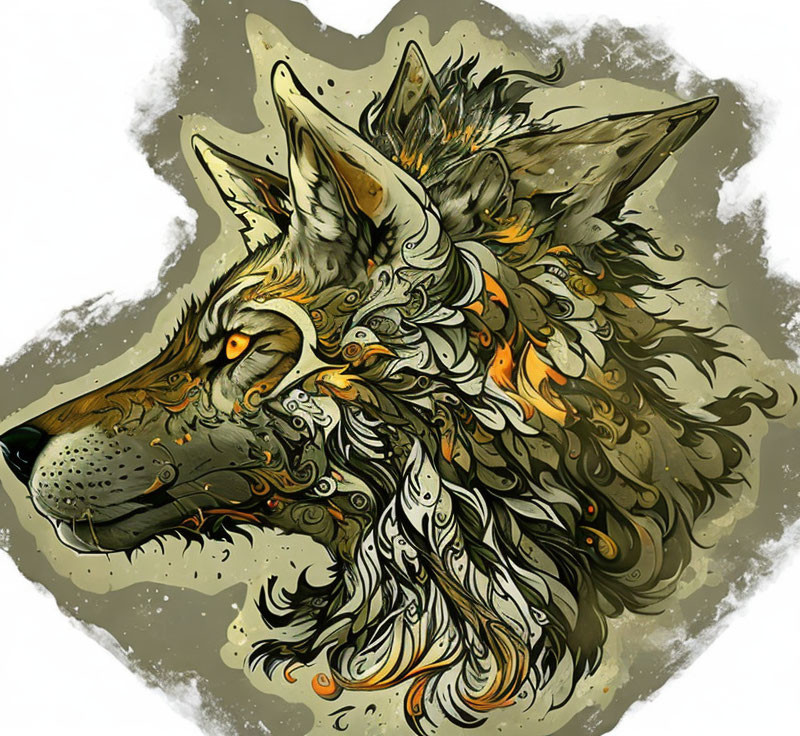 Stylized wolf illustration with ornate patterns and fiery orange accents