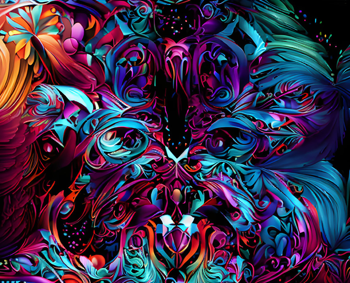 Abstract digital artwork: Intricate symmetrical patterns in neon colors