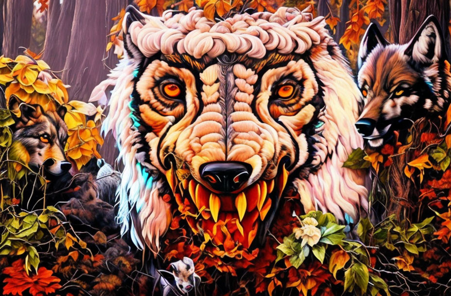 Colorful lion surrounded by wolves and autumn foliage in fantasy digital art